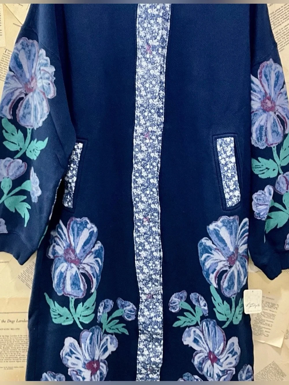 Free People Super Bloom Hood Maxi Sweatshirt Maxi Cardi Coat Blue Flowers
